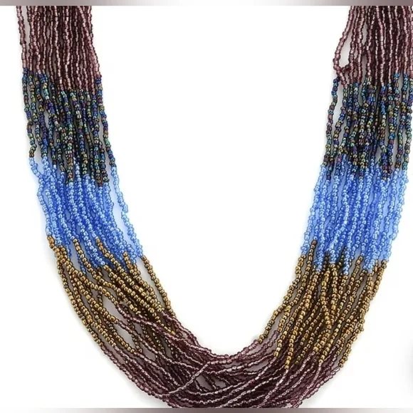 Blue and Brown Seed Beaded Multi Strand Necklace 22 Inches, NIB - Picture 2 of 6